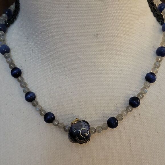 HANDMADE Labrodite Cat's Eye Lampwork Focal Beaded Princess Necklace - Picture 3 of 9